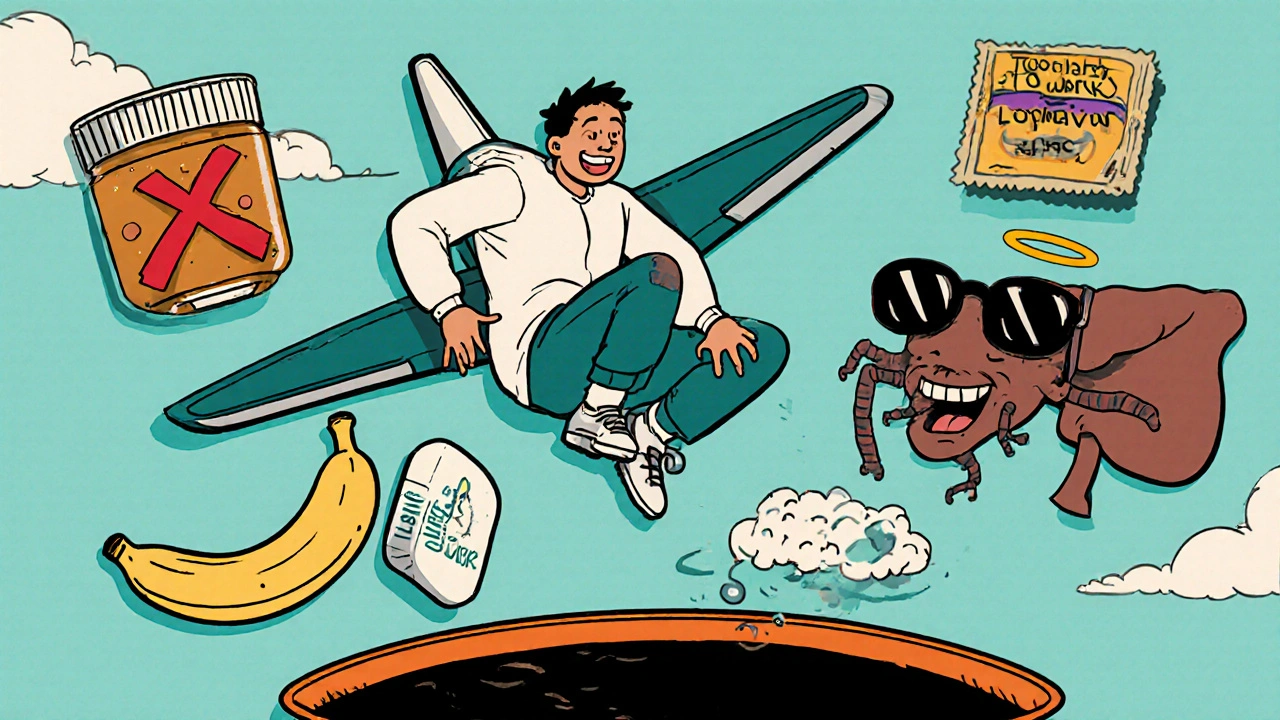 A person drops a pill from a plane as a virus rises from rice, with banana and peanut butter icons nearby.