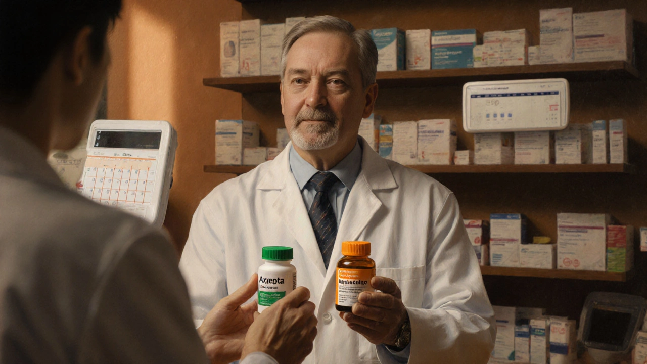 Adult at pharmacy counter choosing between Axepta and stimulant bottles, with subtle medical symbols.