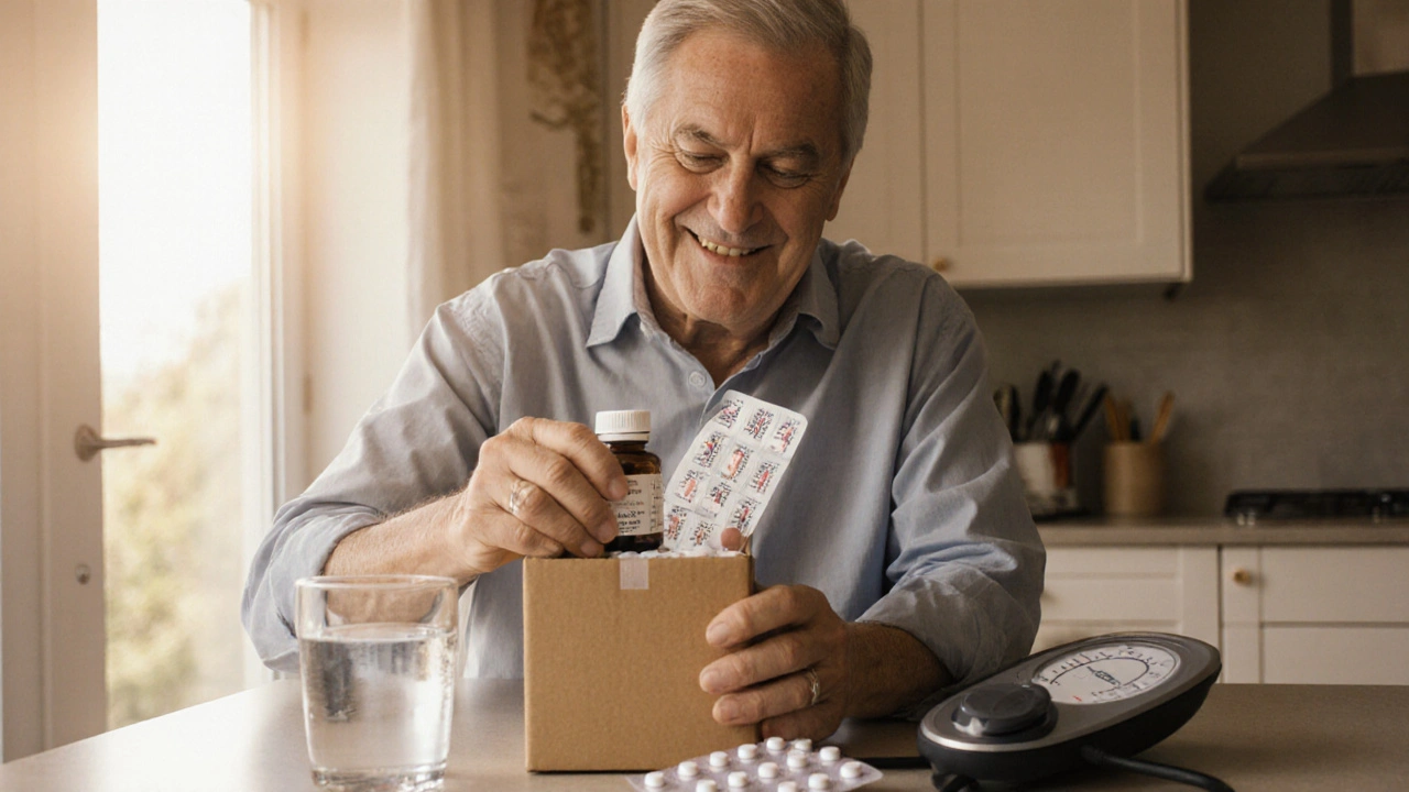 Adult opening a delivery box with Lisinopril tablets, placing bottle beside water and monitor.