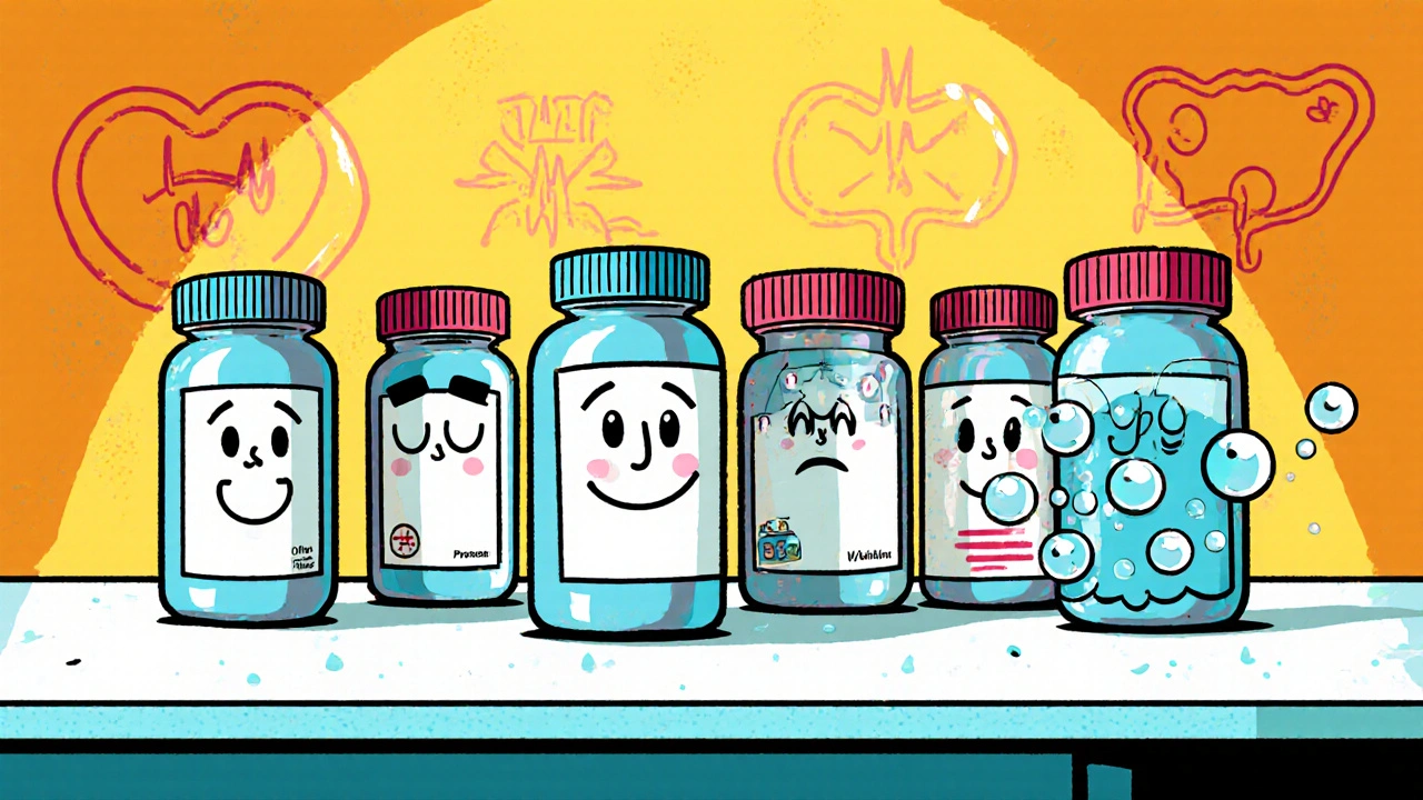 Anthropomorphic pill bottles representing prazosin and five alternatives lined up on a counter.