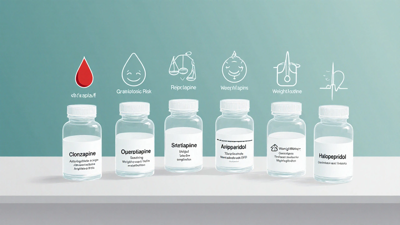 Array of antipsychotic pill bottles with icons for side‑effects on a sleek tabletop.