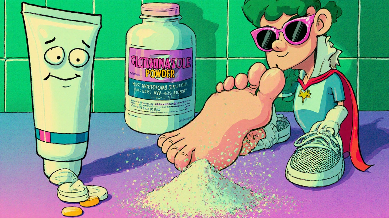 Cartoon bathroom scene with animated antifungal cream, pills, and powder being used.