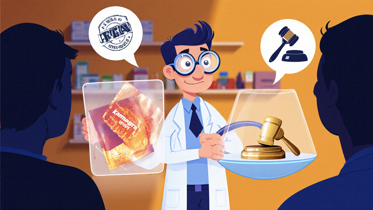 Cartoon doctor holding a safety shield beside a scale balancing unapproved jelly and approved tablet.