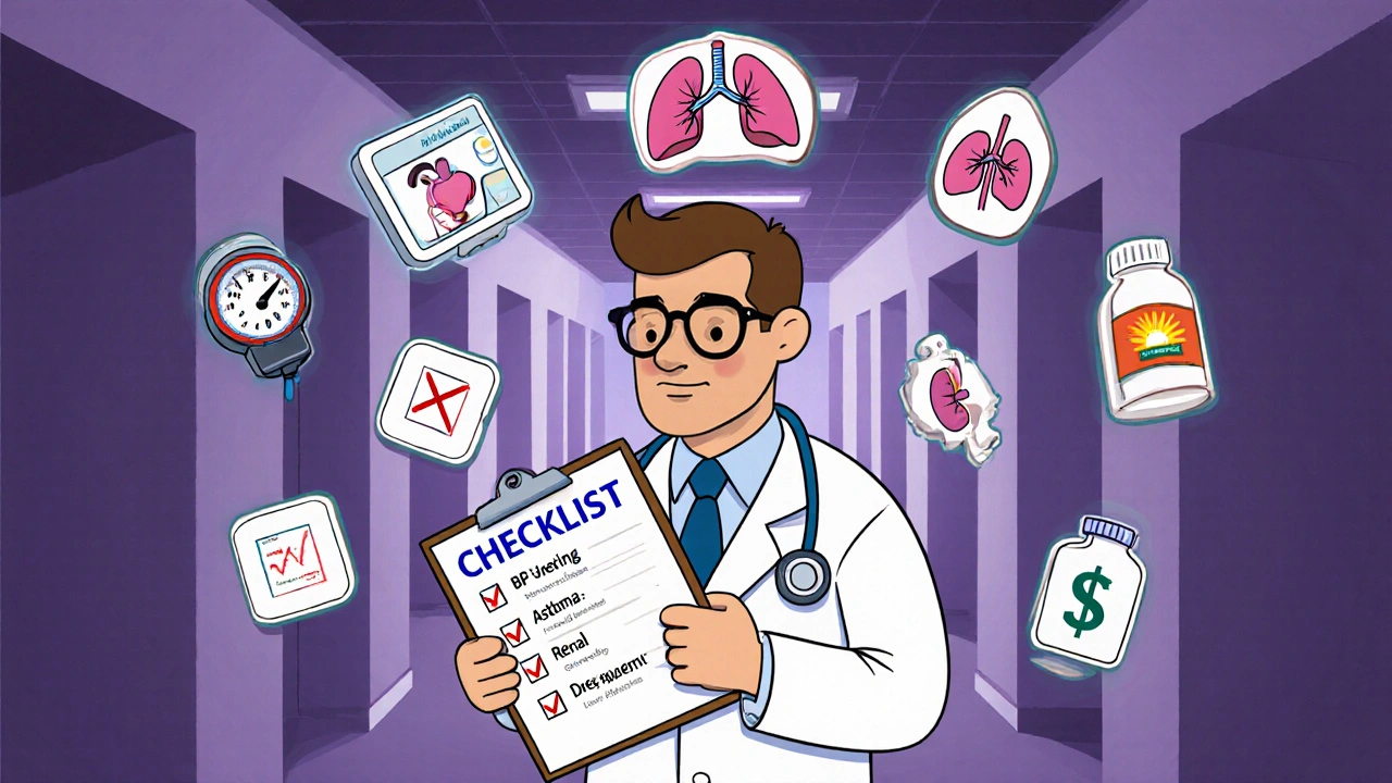 Cartoon doctor with floating icons representing a checklist for drug selection.