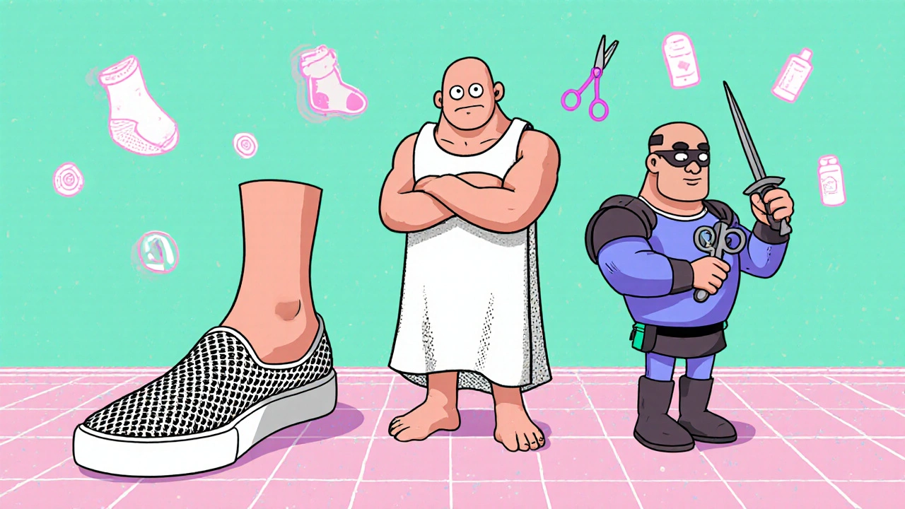Cartoon foot and friends promoting fungal infection prevention.