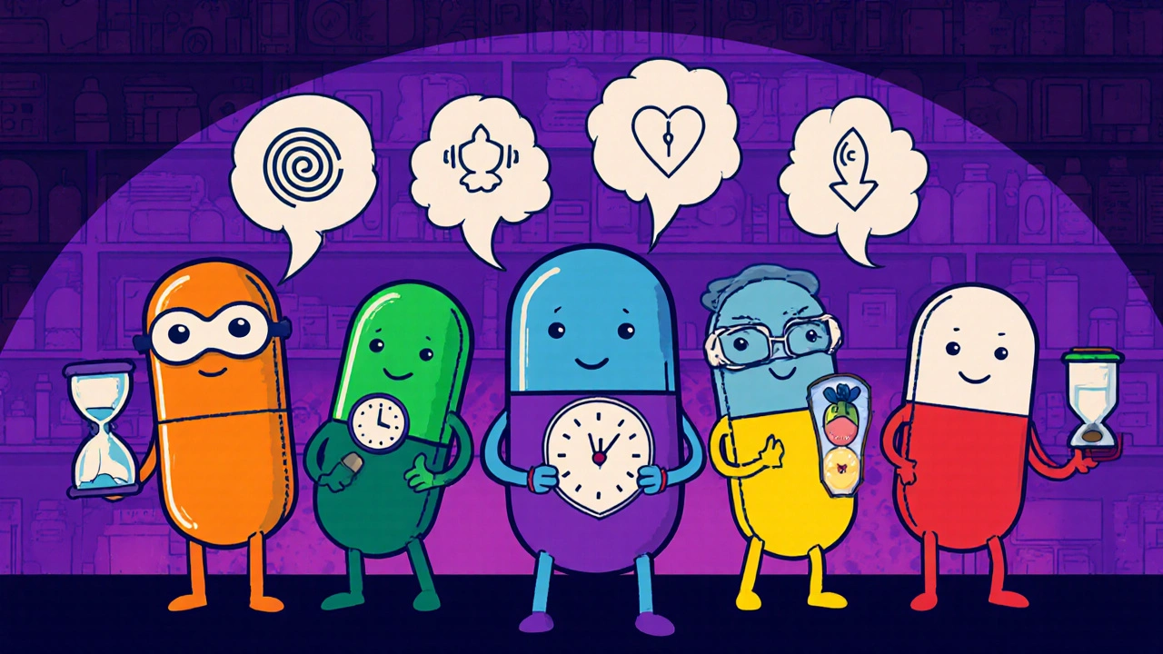 Cartoon pill characters representing different drugs with icons for side effects.