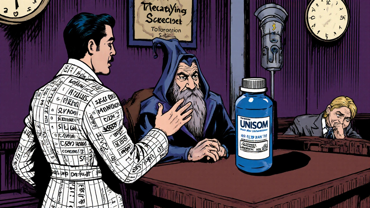 CBT-I lawyer on trial against a villainous Unisom bottle in a surreal courtroom.