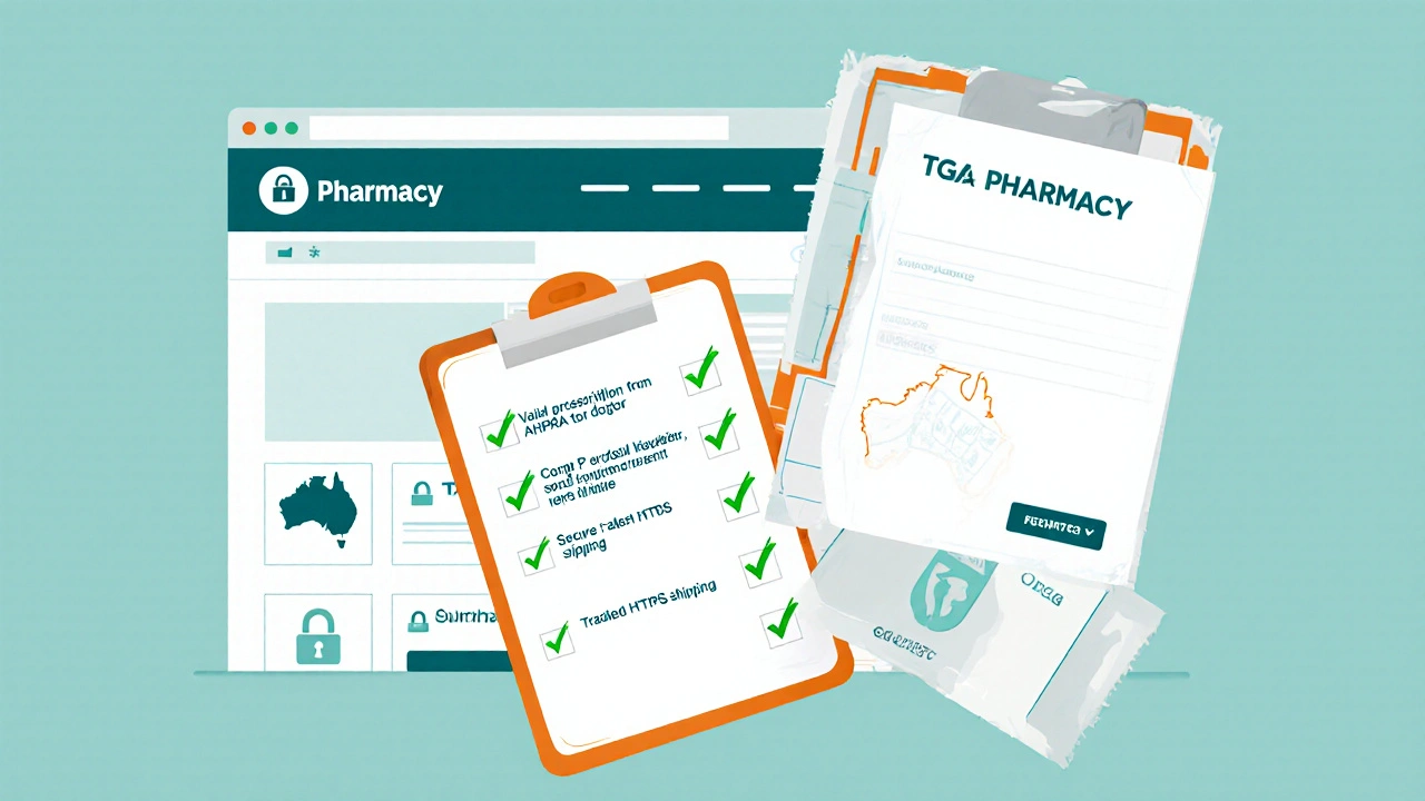 Checklist of safe online pharmacy steps with a discreet parcel and TGA registration details.