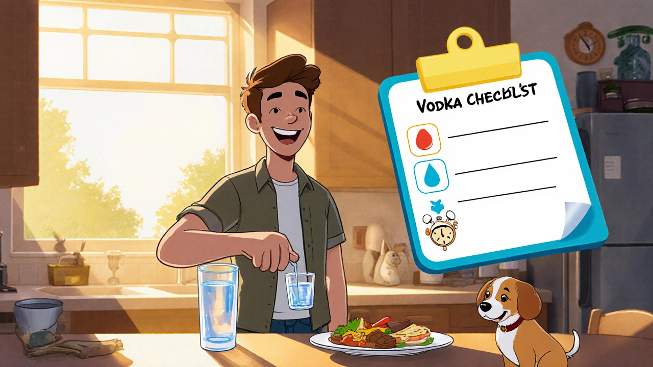 Cheerful kitchen scene with a person pouring water beside vodka, illustrating prevention tips.