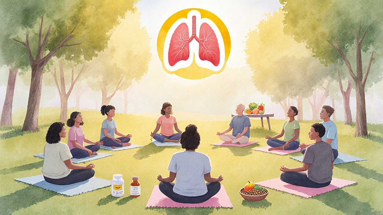 Community members practicing mindfulness and eating healthy foods, glowing lungs above them.
