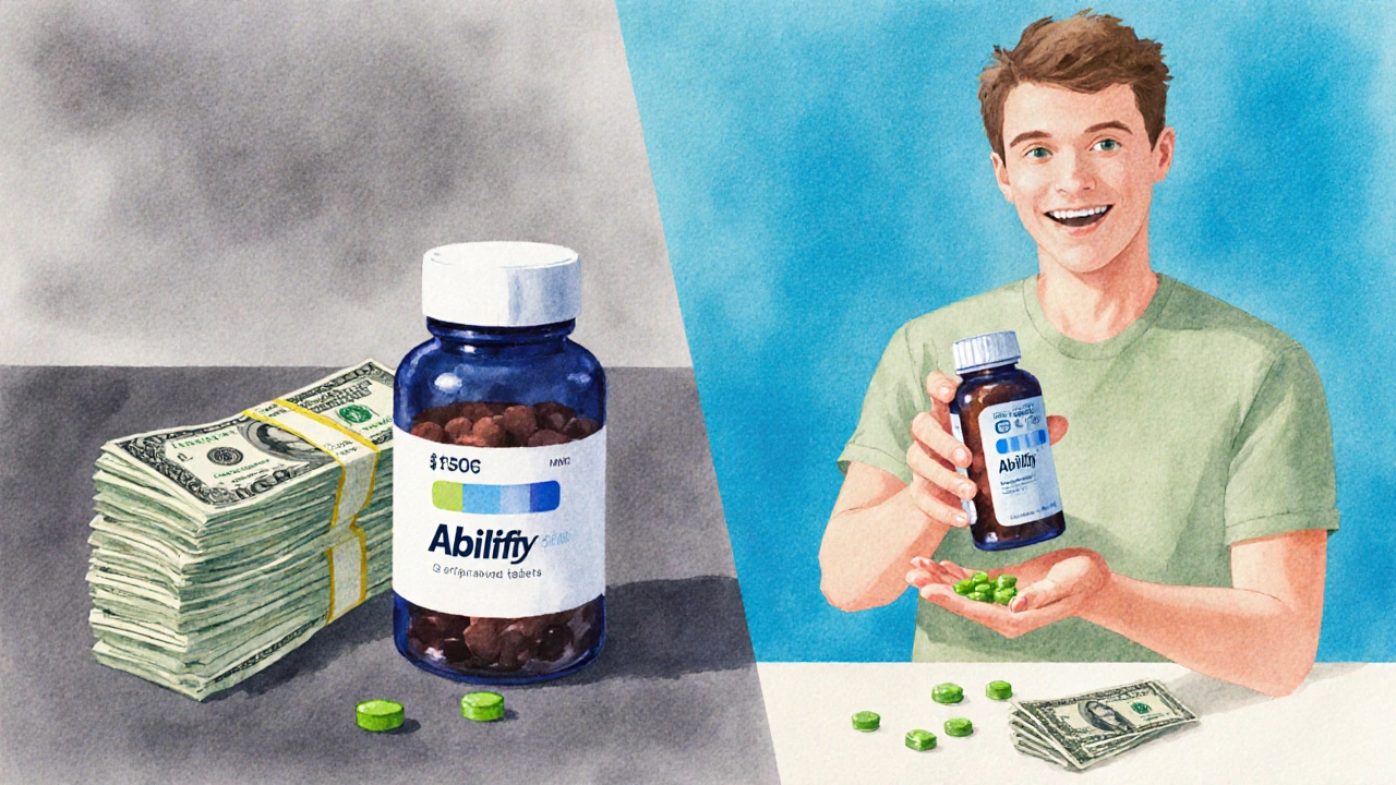 Comparing brand and generic Abilify costs, showing savings and a happy patient.