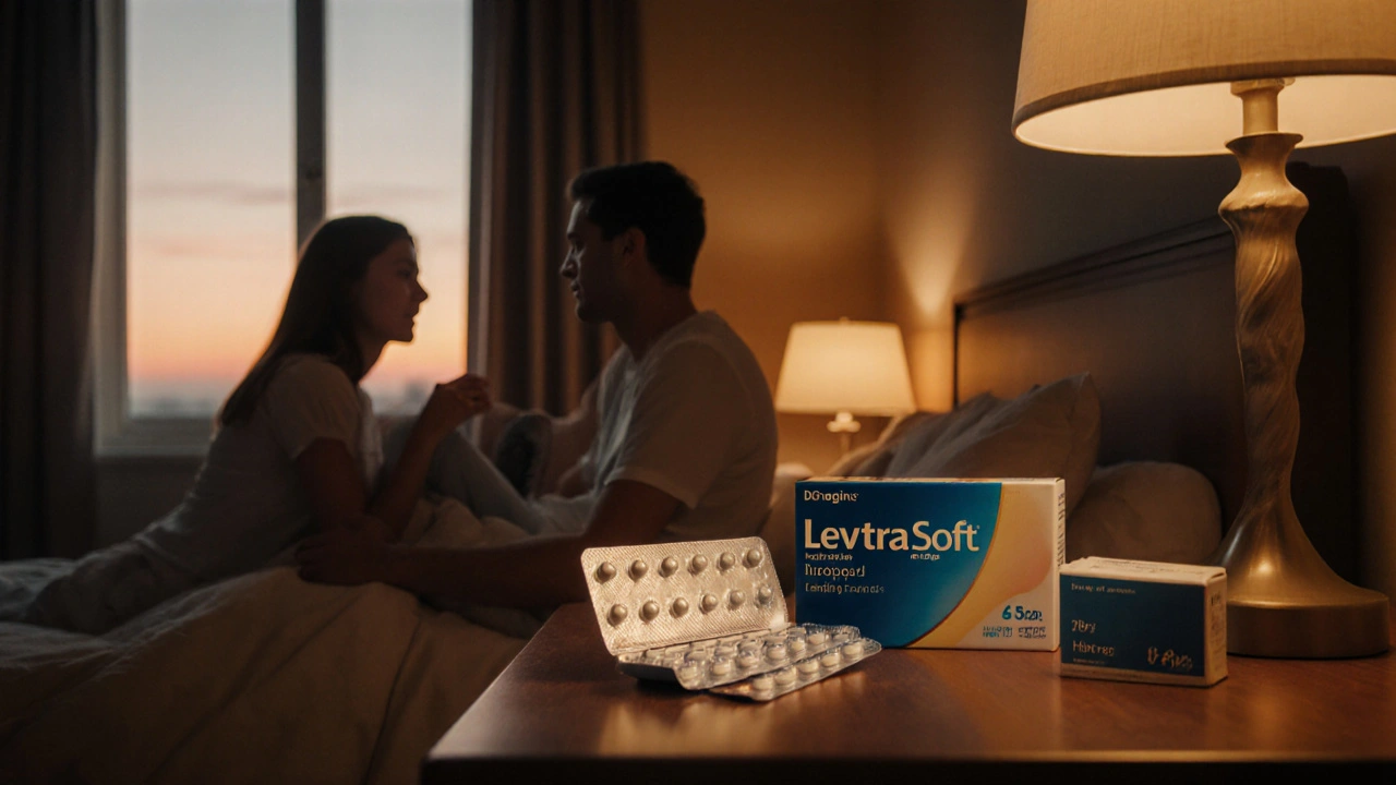 Couple in bedroom with medication on nightstand, warm lighting suggesting relaxed intimacy.