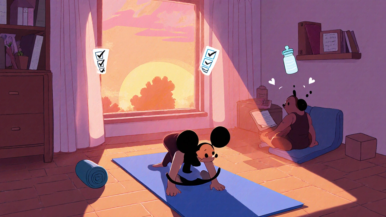 Disney cartoon of a home yoga corner at sunrise with a character following a back‑care routine.