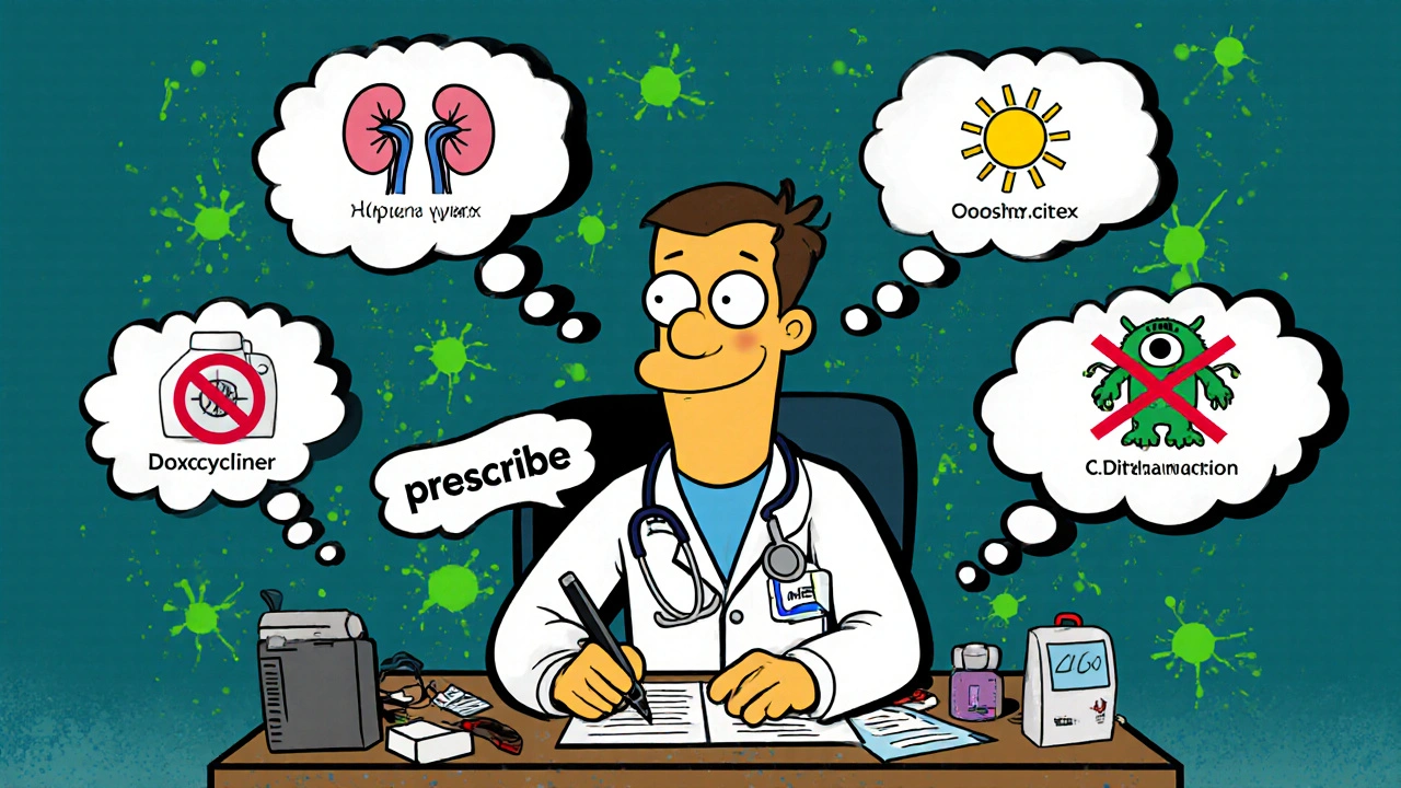 Doctor at desk with thought bubbles showing antibiotic effects and safety notes.