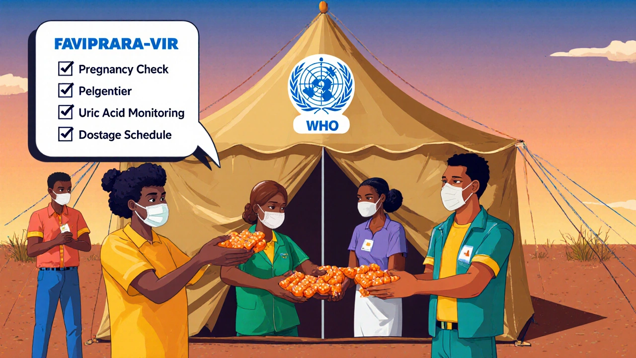 Field workers distribute Favipiravir tablets with a WHO emblem and safety checklist in the background.