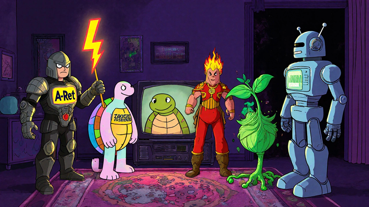 Five cartoon characters personifying A‑Ret, Differin, Tazarotene, Bakuchiol, and Retin‑A gathered around a TV.