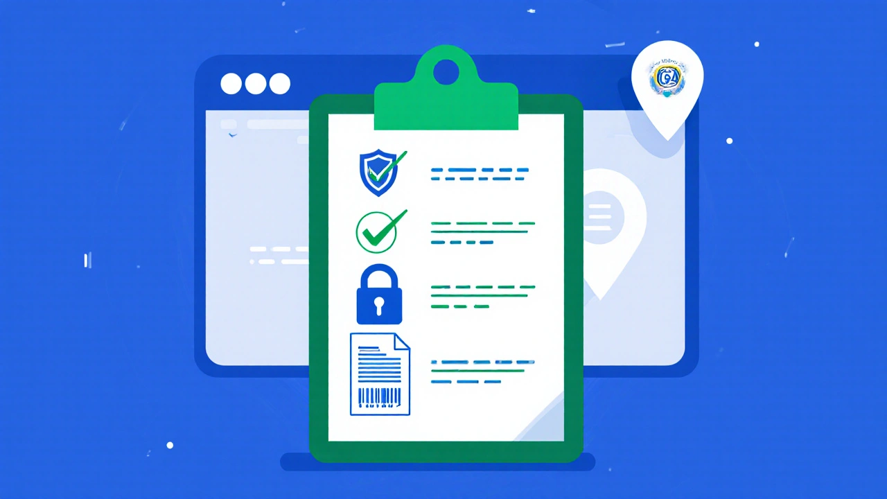 Flat illustration of a checklist with shield, lock, prescription, and address icons.