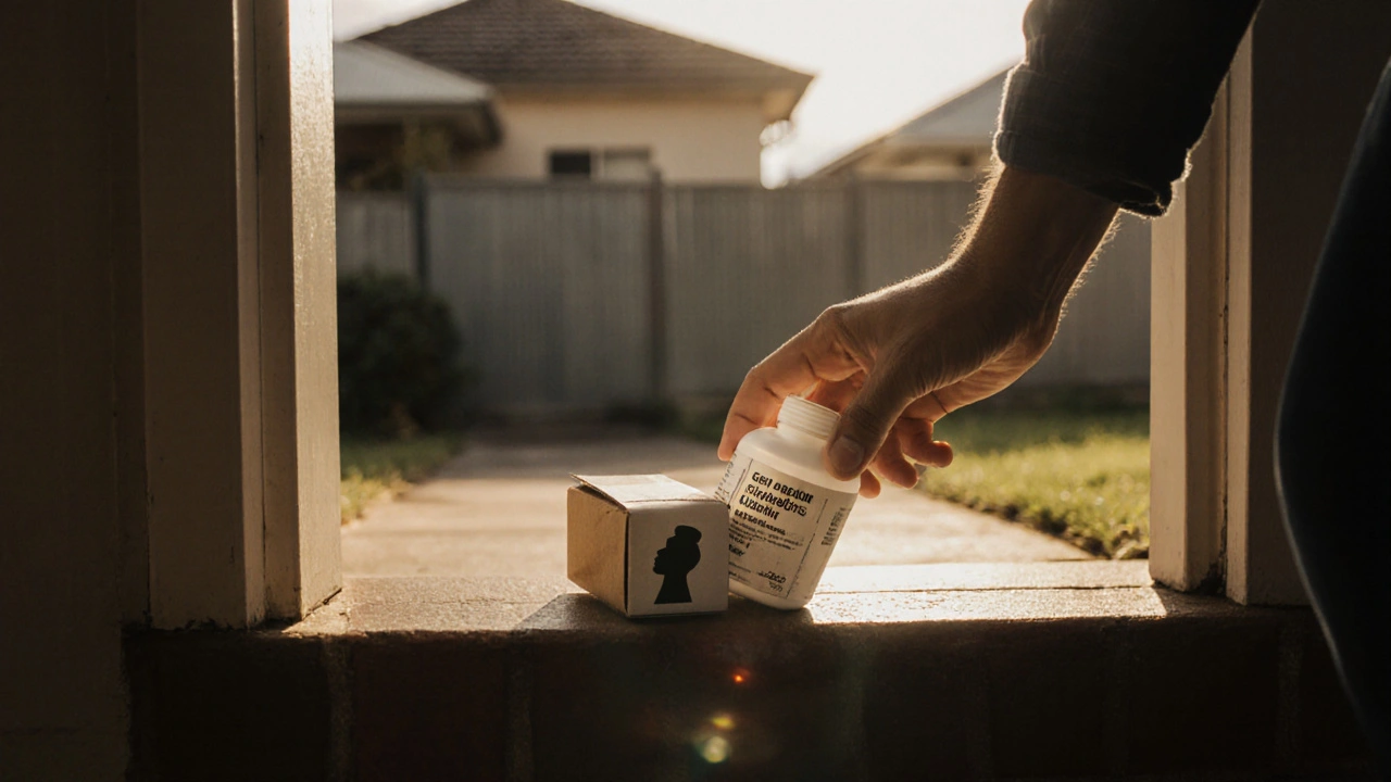 Hand opening a parcel on a doorstep, revealing a bottle of generic lisinopril.