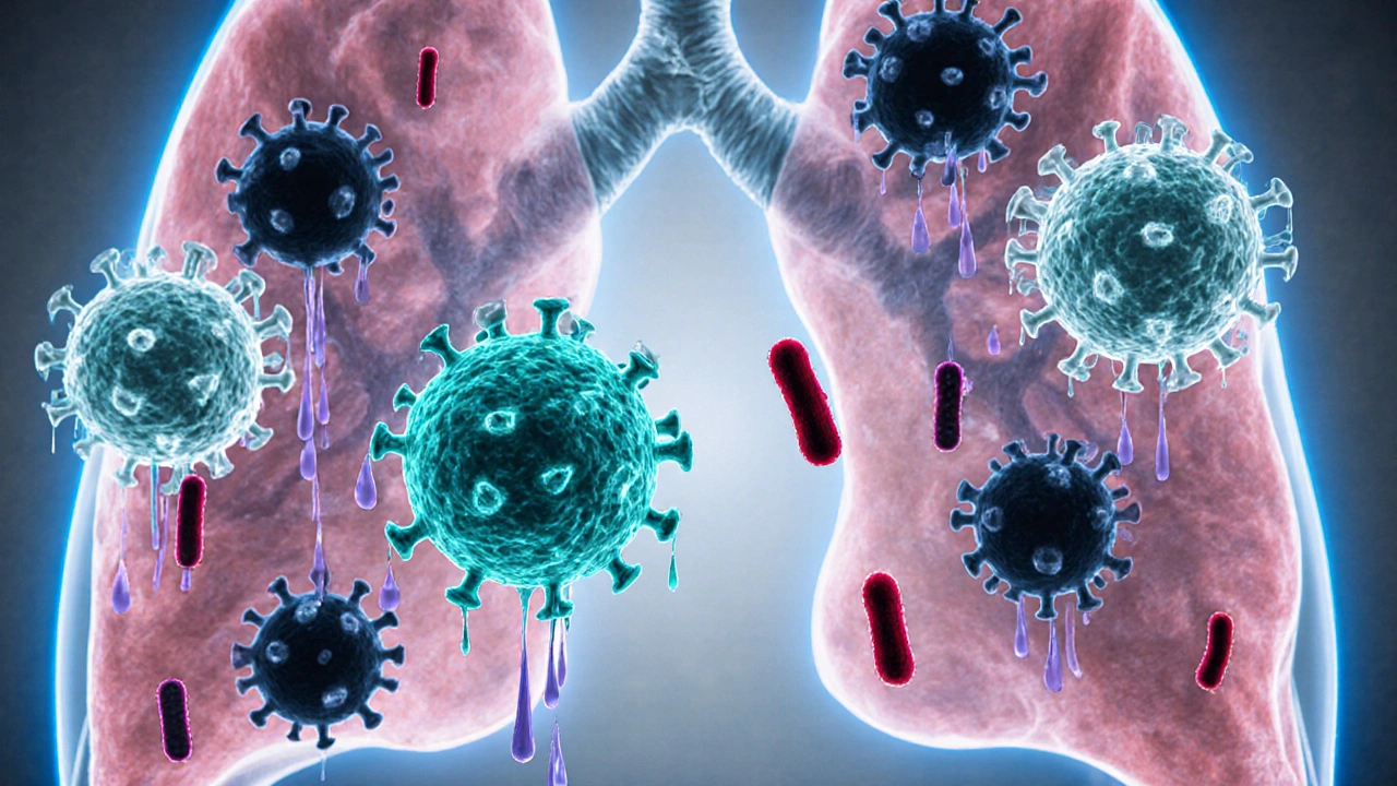 Illustration of immune cells suppressed by purple cortisol droplets with red TB bacteria nearby.
