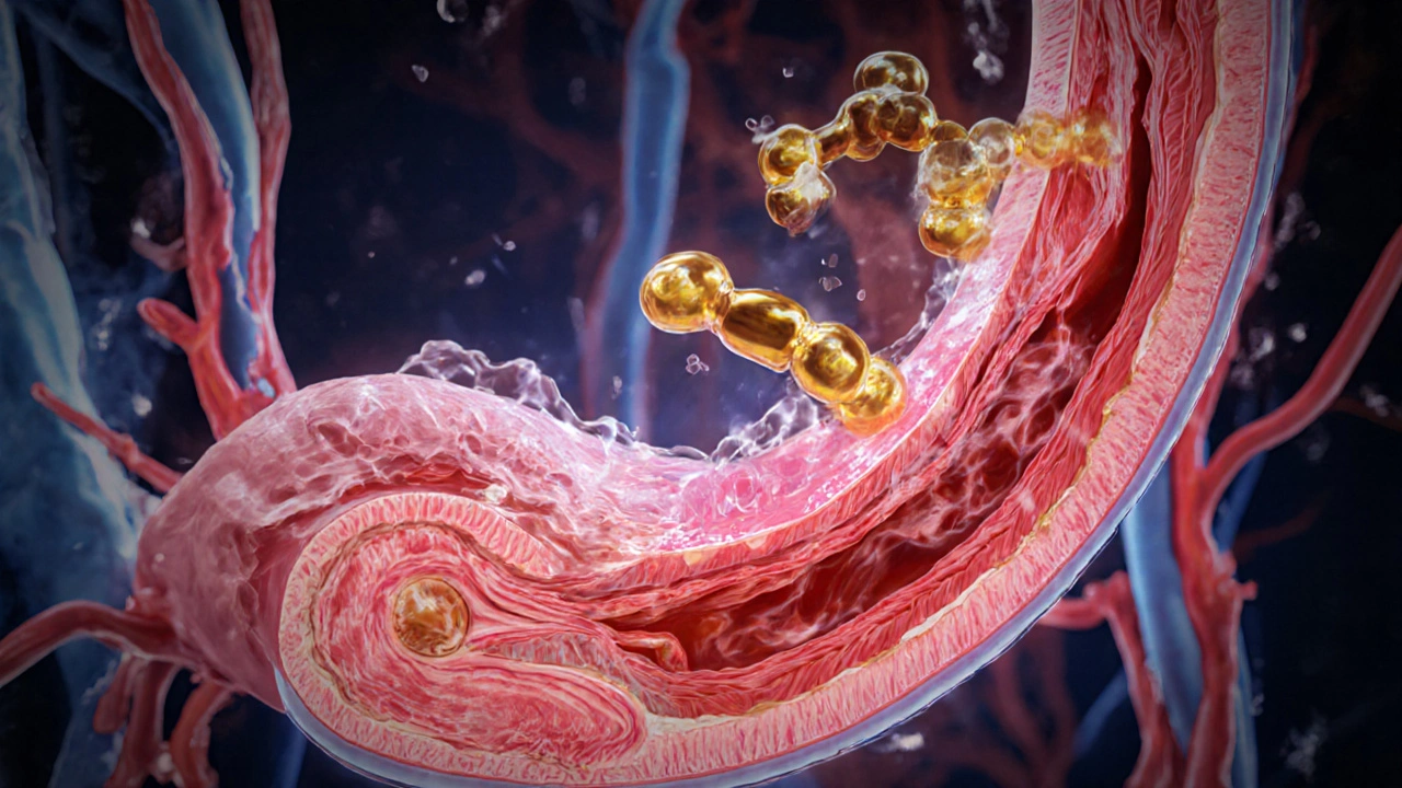 Illustration of penile blood vessels with vardenafil molecules blocking PDE5 enzymes.