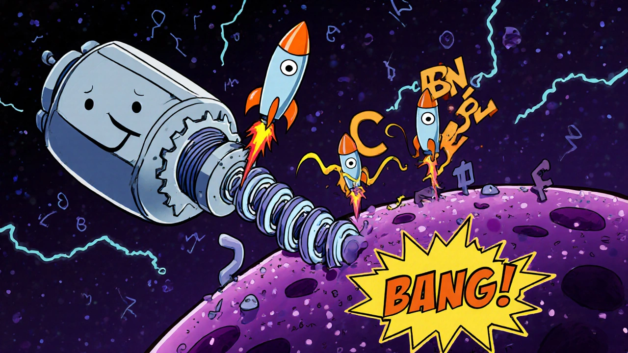 Inside a cell, Favipiravir rockets disrupt the RNA polymerase, causing chaotic mutating RNA strands.