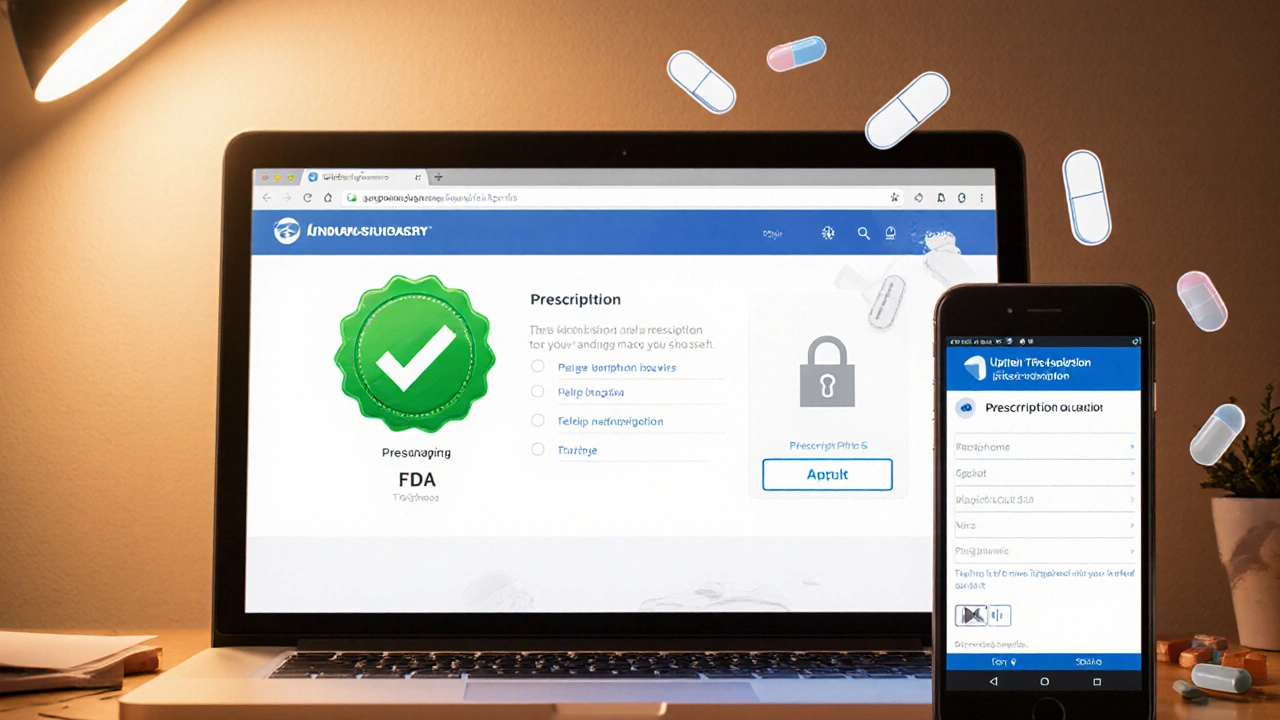 Laptop screen showing verified online pharmacy badge, lock icon, and prescription upload field.