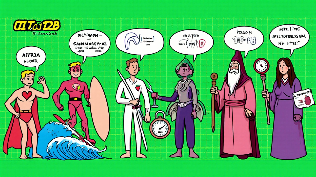 Lineup of cartoon drug characters with icons showing their main uses and side effects.