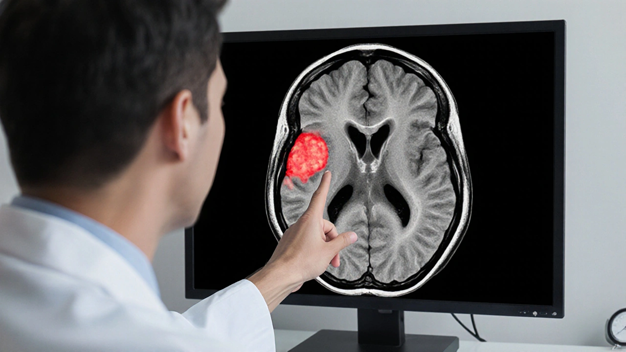 Neurologist examines an MRI scan showing a red‑highlighted tumor in the posterior fossa.