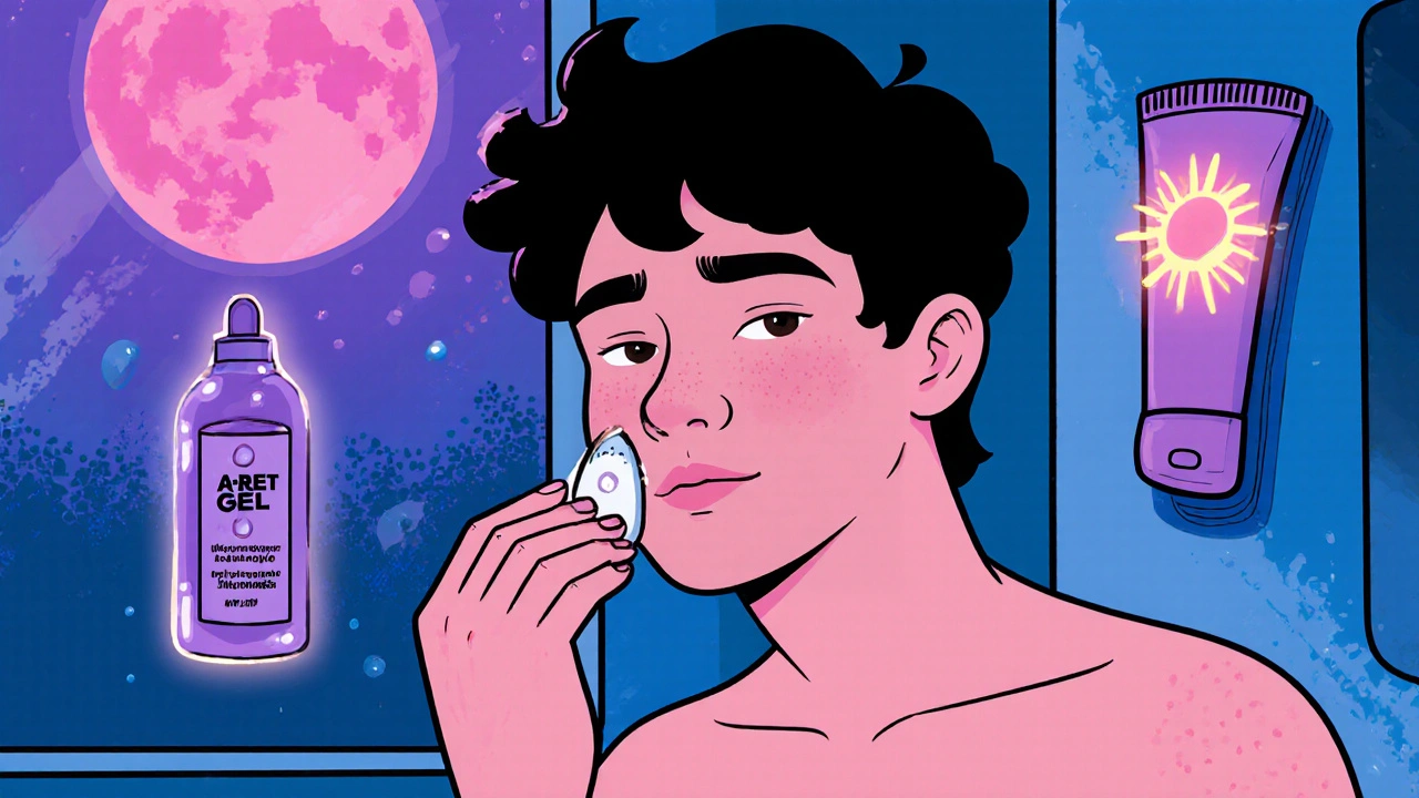 Night bathroom scene of a person applying A‑Ret Gel, with floating moisturizer and sunscreen tubes.