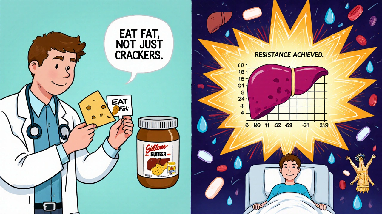 Patient receives fatty food with a card while a viral graph explodes behind them in a medical comic split scene.