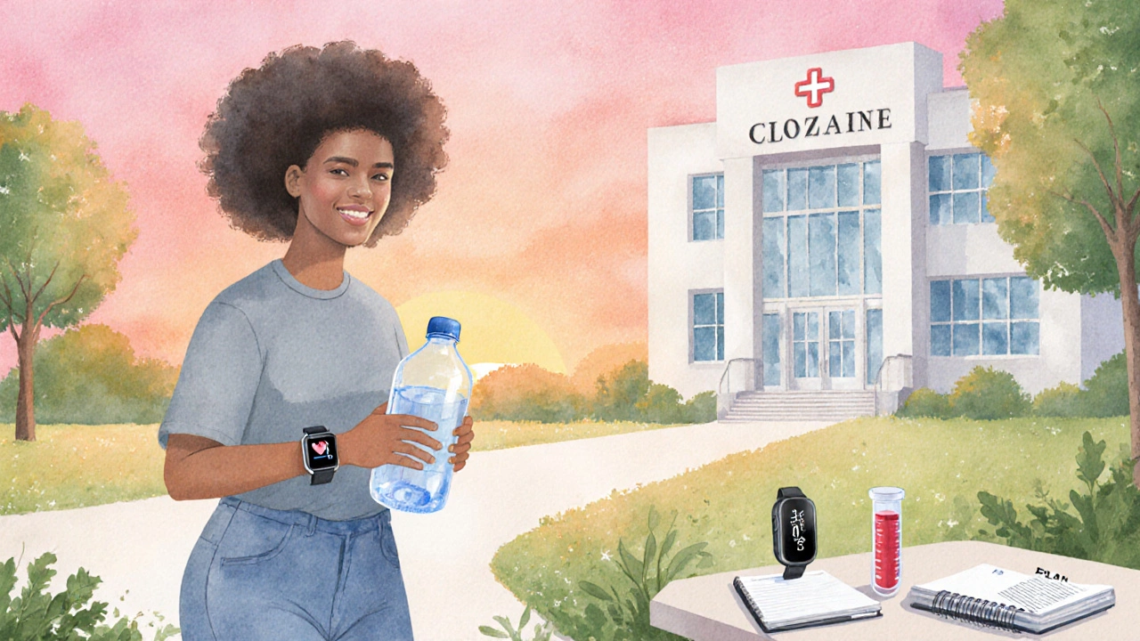 Patient walking in a park with health monitoring tools nearby, symbolizing support.