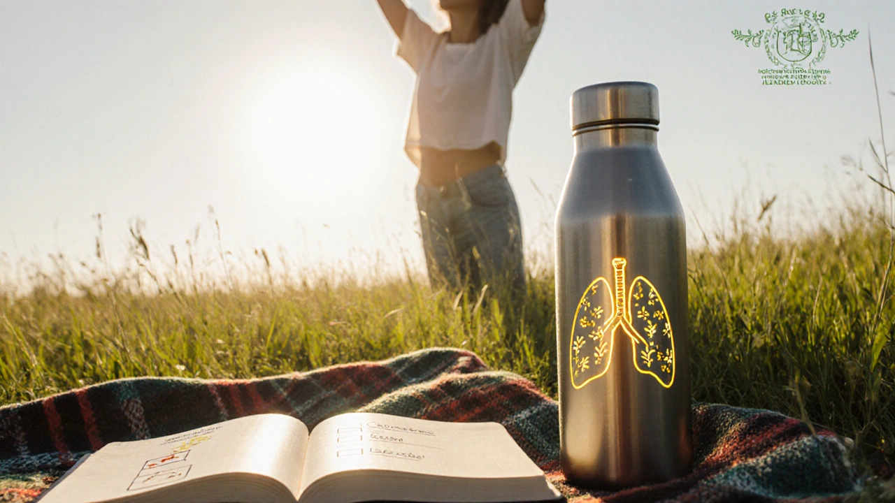 Person breathing freely outdoors, herbal flask and checklist beside them.