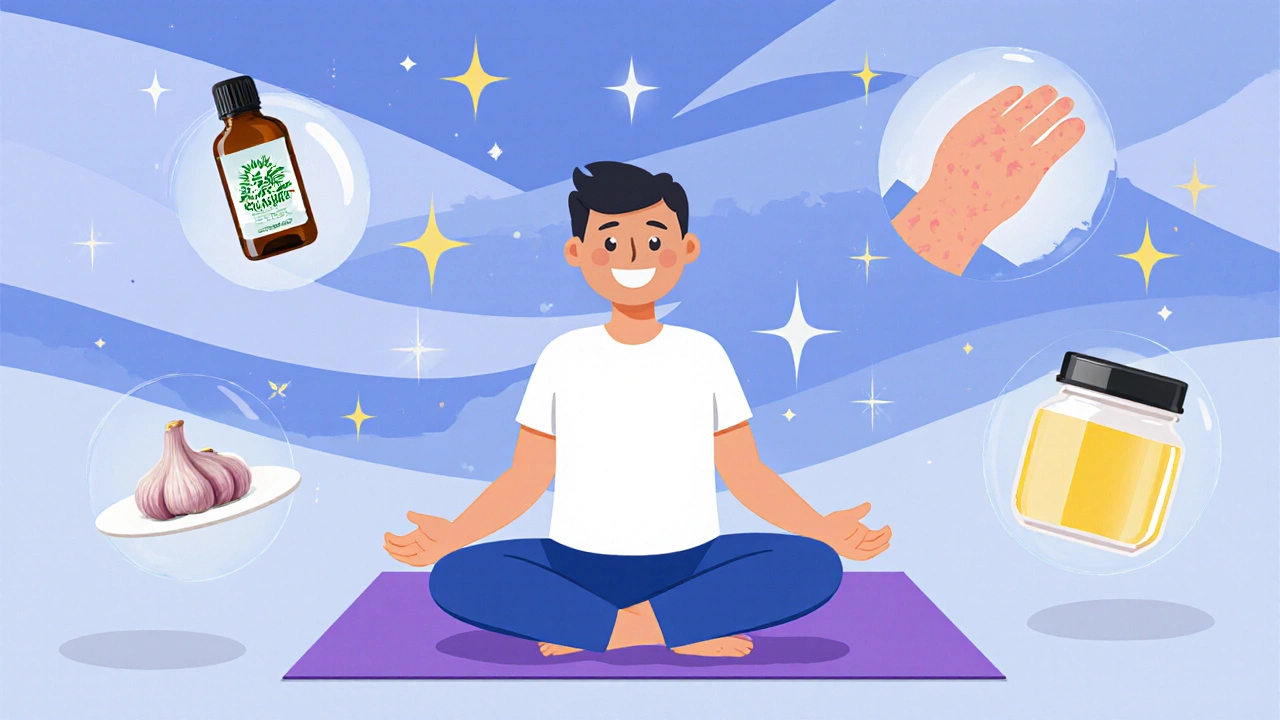 Person meditating surrounded by tea tree oil, probiotic cream, garlic, and coconut oil after treatment.