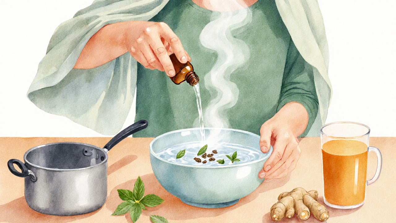 Person using a steam inhalation bowl with eucalyptus and peppermint.
