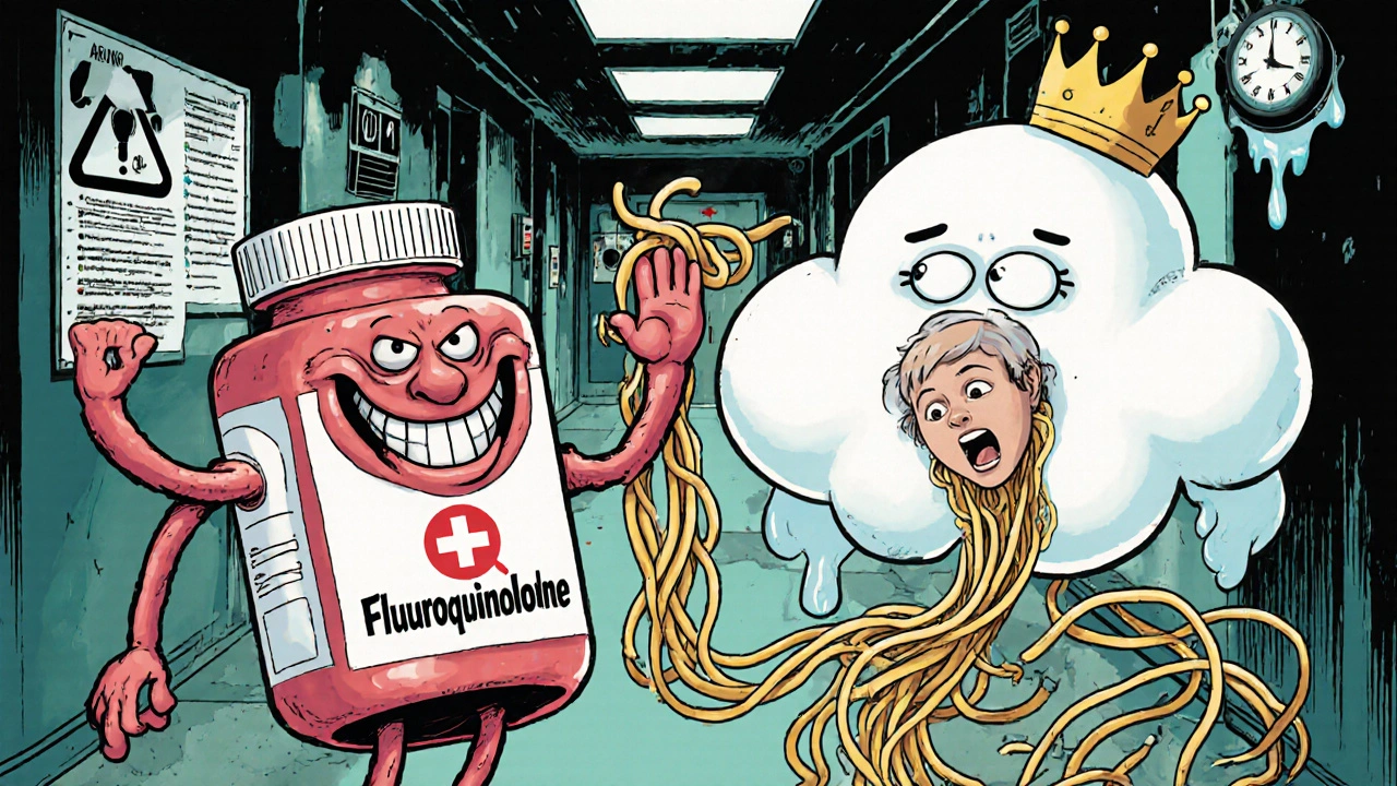 Personified antibiotic pill high-fiving steroid cloud as tendons unravel in warped hospital hallway