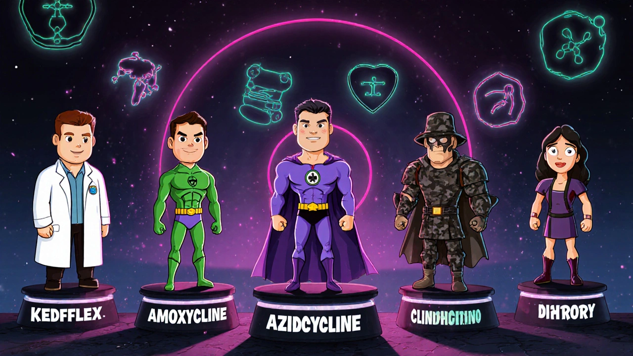 Six antibiotic characters in a cartoon battle, each representing different infections.