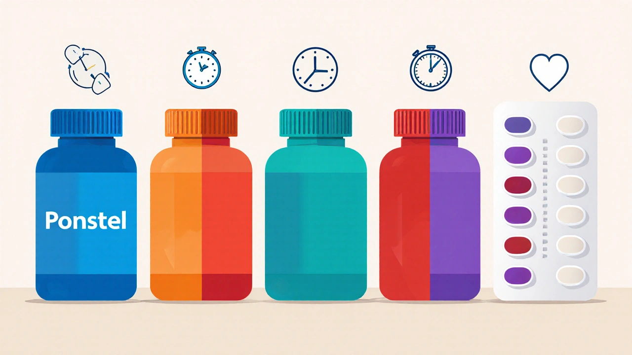 Six pill bottles in a row with icons for onset, duration, stomach and heart effects, flat‑design style.