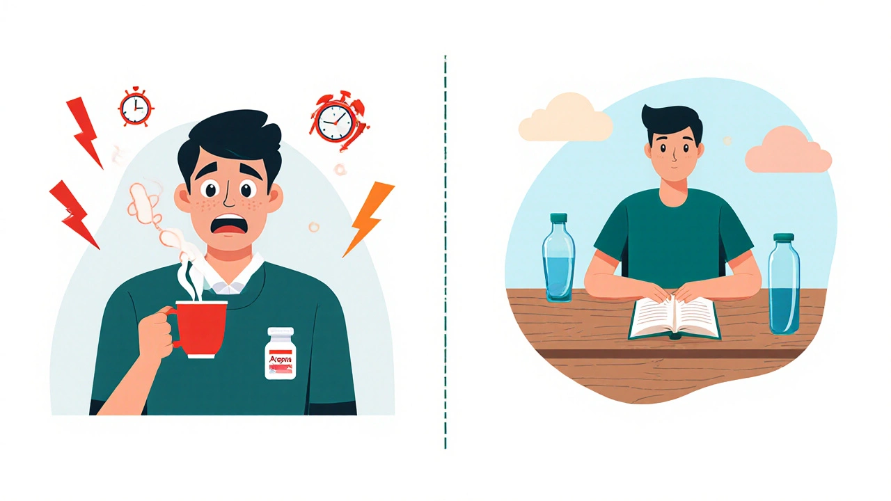 Split illustration: jittery office worker with stimulant icons versus calm reader with Axepta bottle.