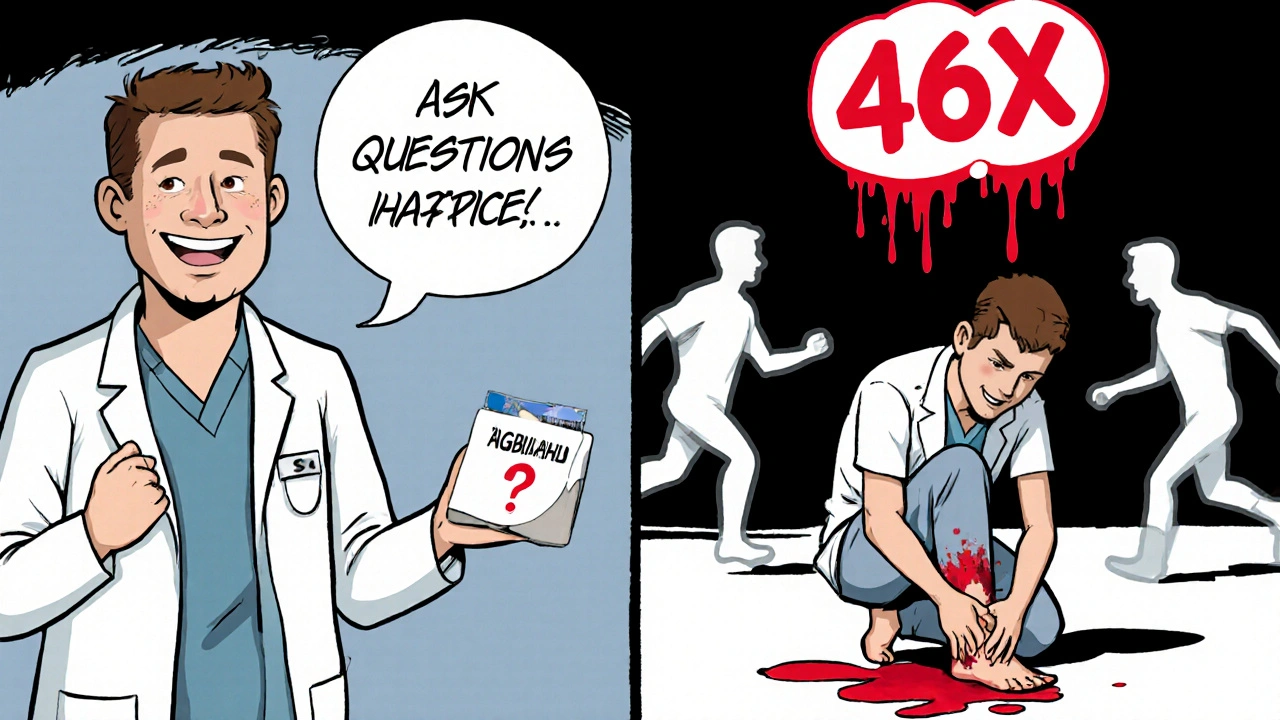 Split scene: doctor prescribing antibiotic vs patient with ruptured tendon, giant 46X warning above