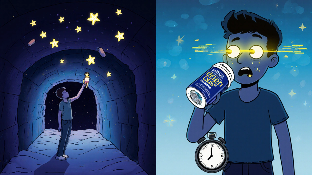 Split scene: melatonin fireflies guide sleep vs. Unisom user turning into a zombie.