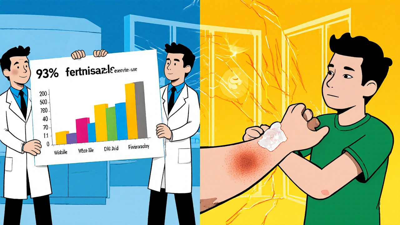 Split scene showing trial results with 93% cure rate and patient applying fenticonazole to fading rash.
