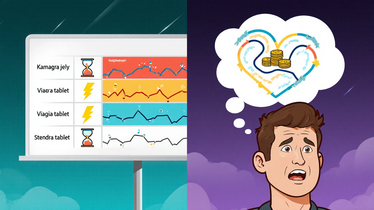 Split screen with icons and a man’s thought map comparing onset, duration, and cost of ED meds.