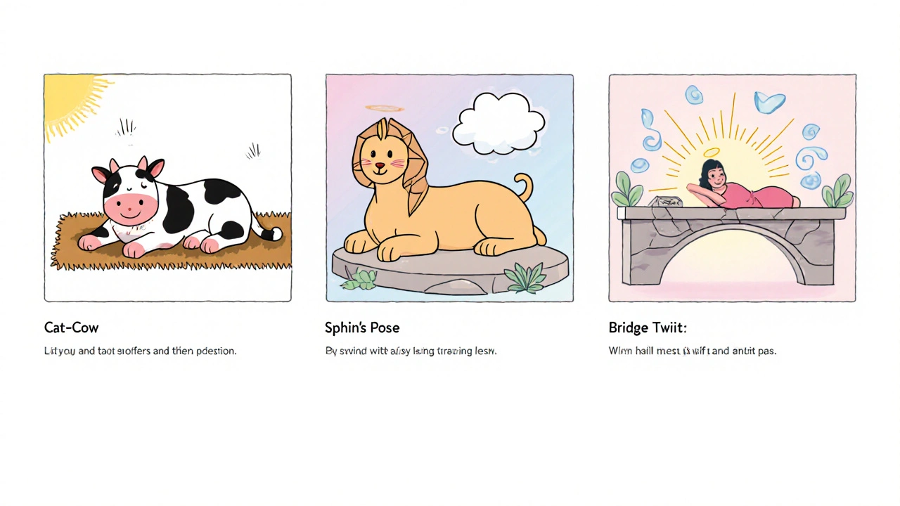 Storyboard of Disney‑style character performing Cat‑Cow, Child’s Pose, Sphinx, Bridge, and Supine Twist.