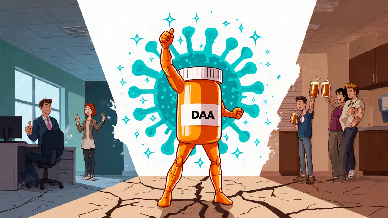 Superhero in pill‑bottle armor defeating a virus, with coworkers and family celebrating around.