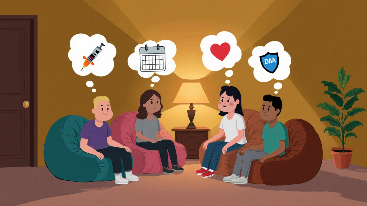 Support group circle with thought bubbles showing stigma, appointments, and encouragement in a cozy room.