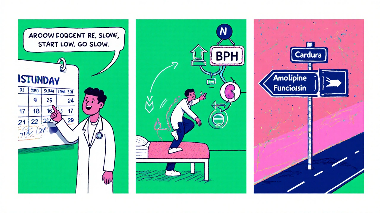 Three‑panel comic showing doctor advice, careful rising, and a decision‑tree for medication choice.