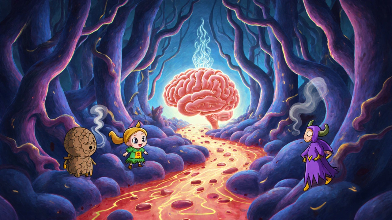Whimsical interior of a head showing animated characters for dehydration and congeners.
