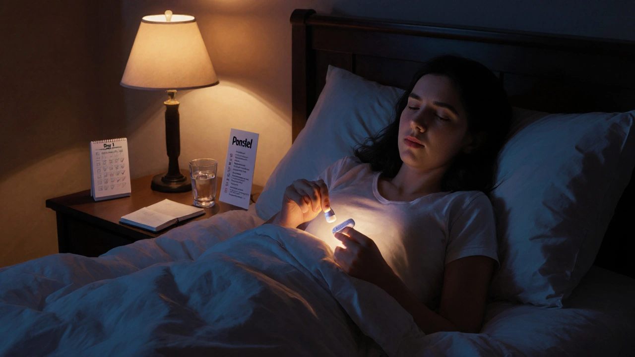 Woman lying in bed with a glowing abdomen, holding a Ponstel tablet, showing relief from cramps.