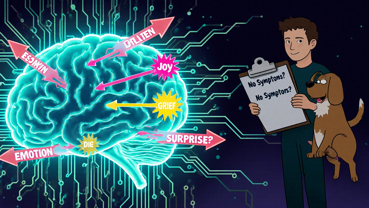 A brain flooded with serotonin arrows extinguishing colorful emotion sparks.