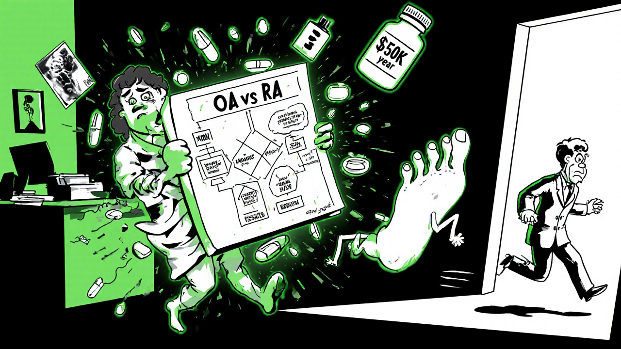 A chaotic doctor&#039;s office with exploding charts, flying pills, and a running gout toe.